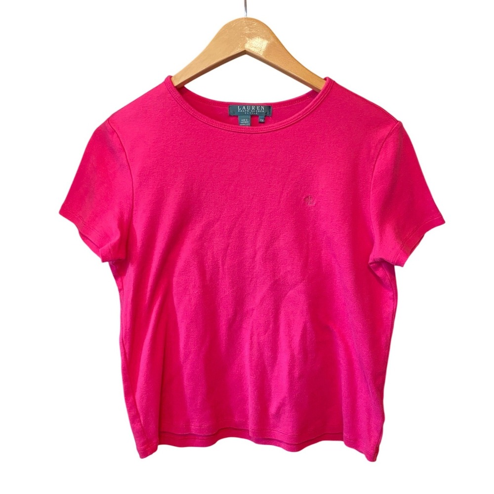 Ralph Lauren 90s Tee Shirt Medium Hot Pink Cotton Logo Crew Neck Preppy Heritage